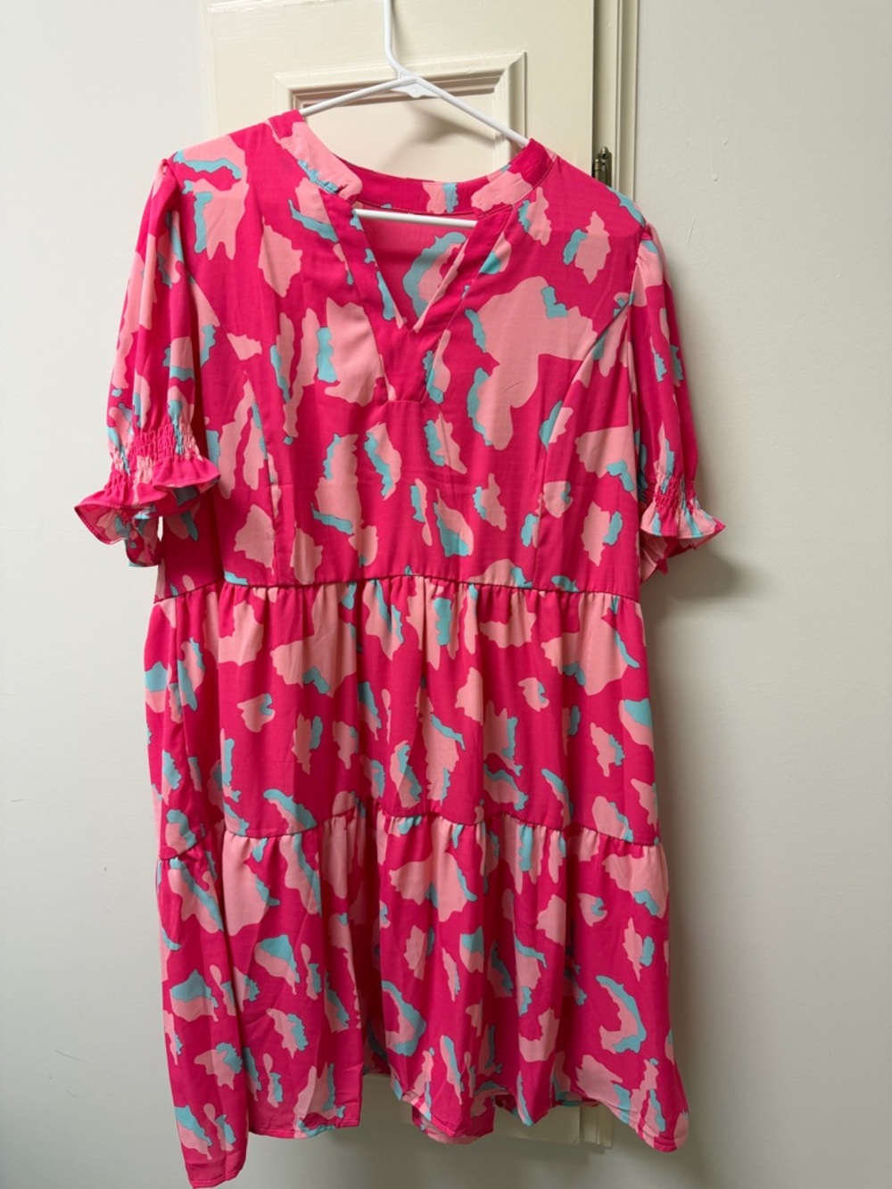 Bright Pink Tiered V-Neck Babydoll Dress with Abstract Print